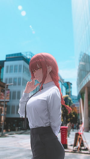 Anime Girl with Red Braided Hair in White Shirt and Black Skirt Standing on City Street HD phone wallpaper
