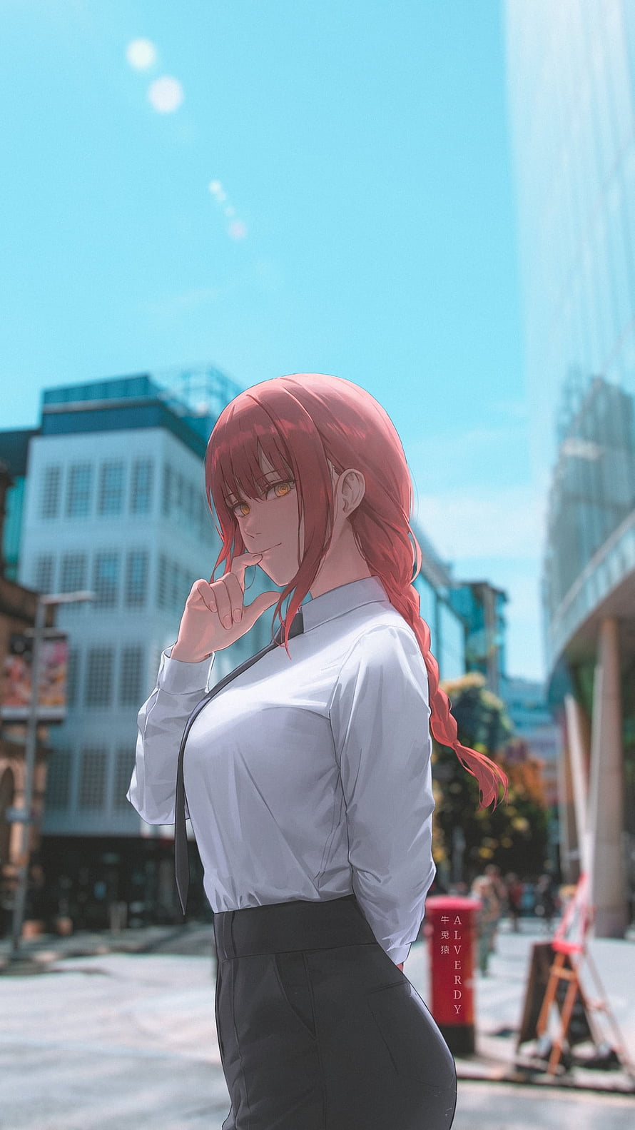 Anime Girl with Red Braided Hair in White Shirt and Black Skirt Standing on City Street HD phone wallpaper