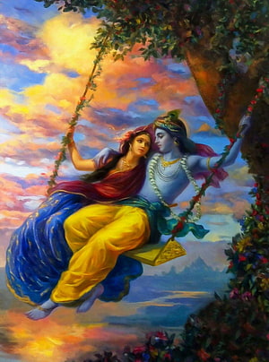 Radha and Krishna on a Swing at Sunset - Romantic Indian Mythology Art, Painting Romantic Painting Radha Krishna - Novocom.top HD phone wallpaper