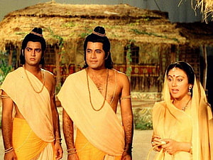 Classic Indian Mythological Drama Scene with Three Characters in Traditional Attire HD wallpaper