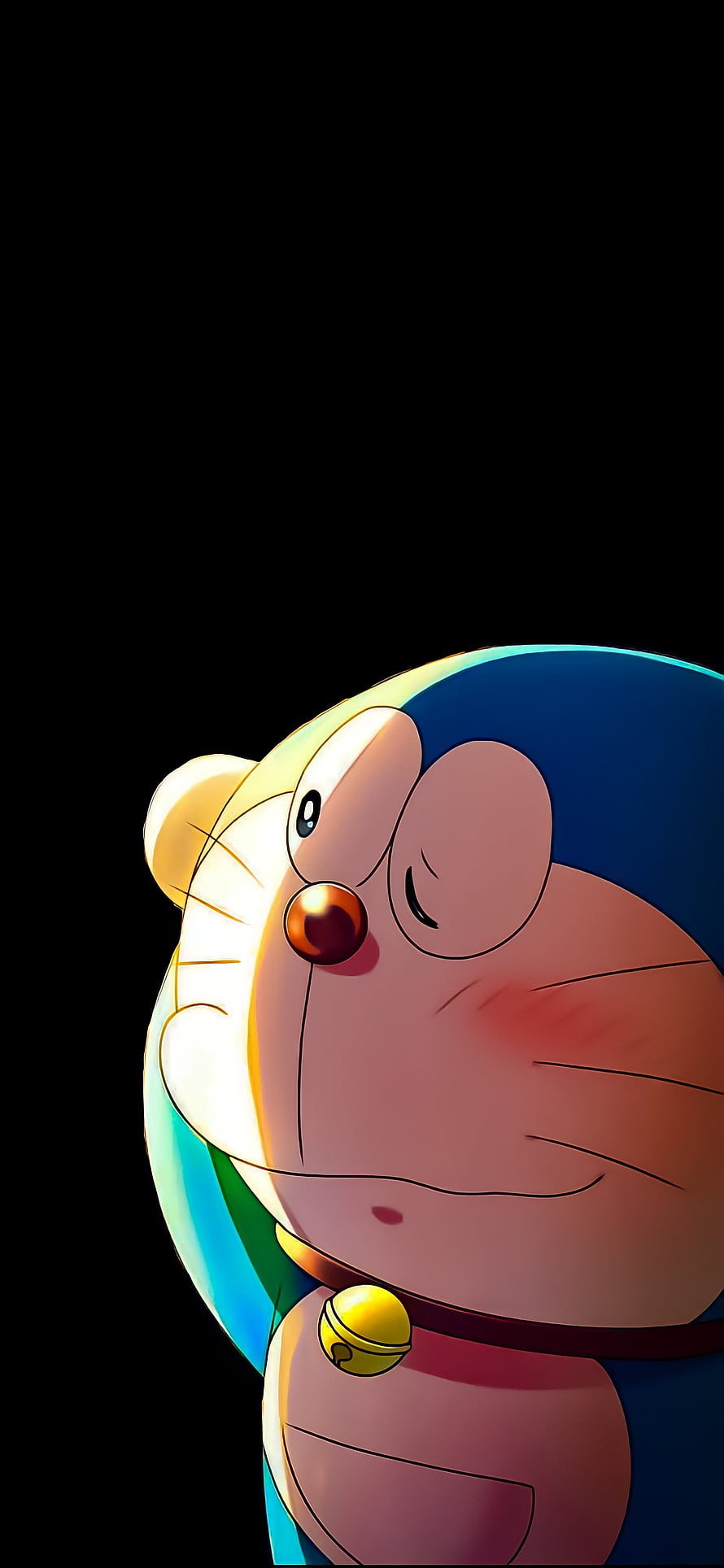 Doraemon Anime Character Portrait with Golden Bell on Black Background HD phone wallpaper