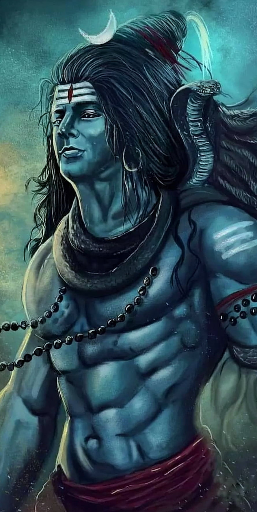 Lord Shiva Digital Art Portrait with Crescent Moon and Snake HD phone wallpaper