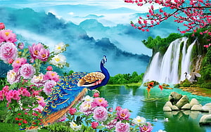 Vibrant Peacock Amidst Pink Peonies and a Misty Mountain Waterfall Landscape HD wallpaper