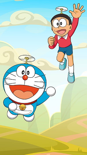 Doraemon and Nobita Flying Through the Sky with Propellers in a Bright Cartoon Scene HD phone wallpaper
