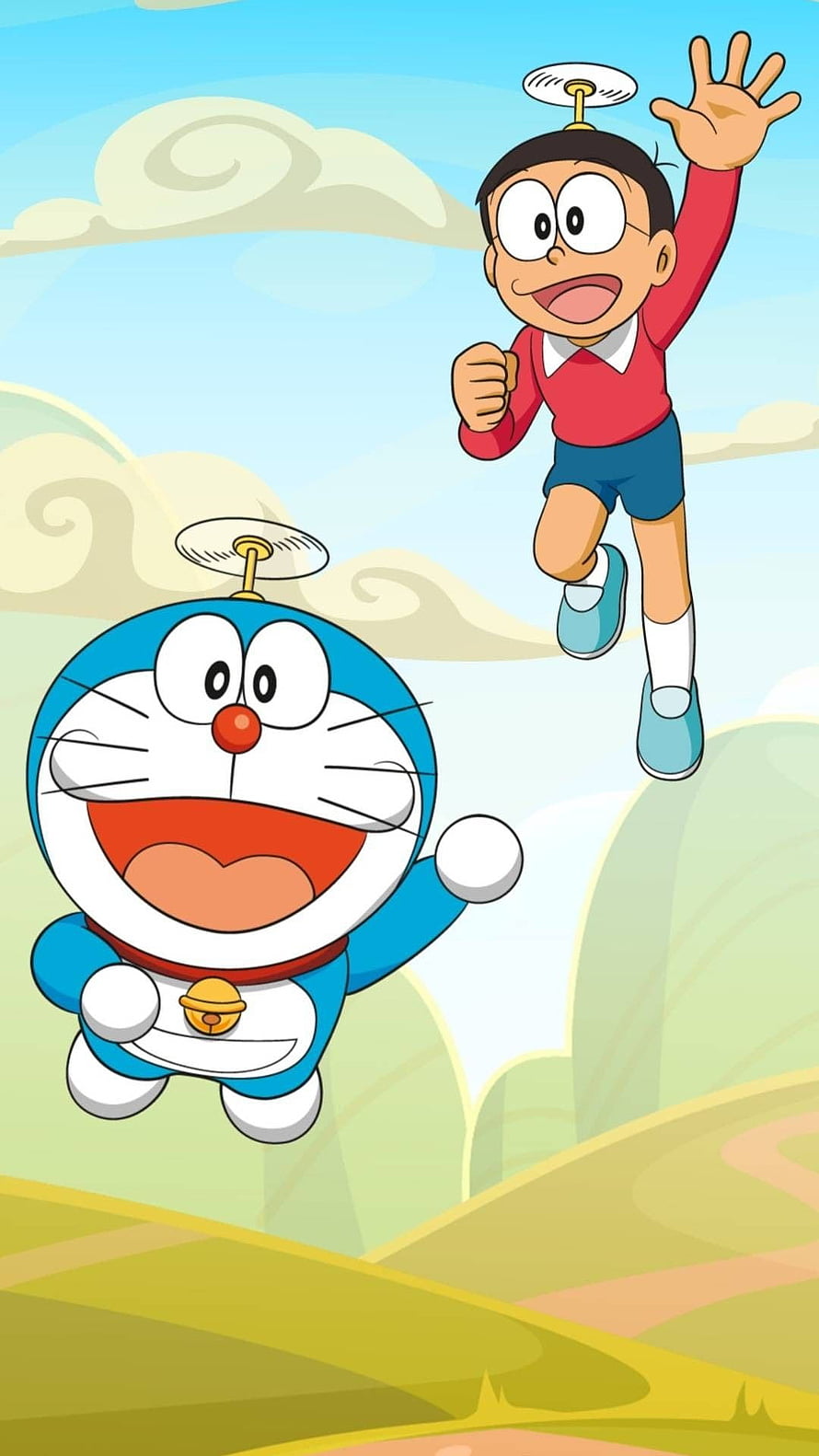 Doraemon and Nobita Flying Through the Sky with Propellers in a Bright Cartoon Scene HD phone wallpaper