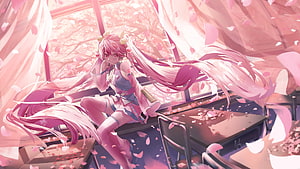 Anime Girl With Pink Twin Tails Sitting In Classroom Surrounded By Falling Cherry Blossoms HD wallpaper