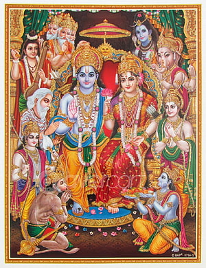 Shri Ram and Sita with Divine Court in Traditional Indian Painting HD phone wallpaper