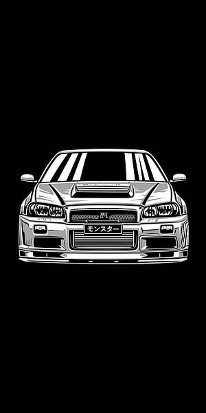 Nissan R34 GTR Front-View Black and White Line Art Illustration HD phone wallpaper