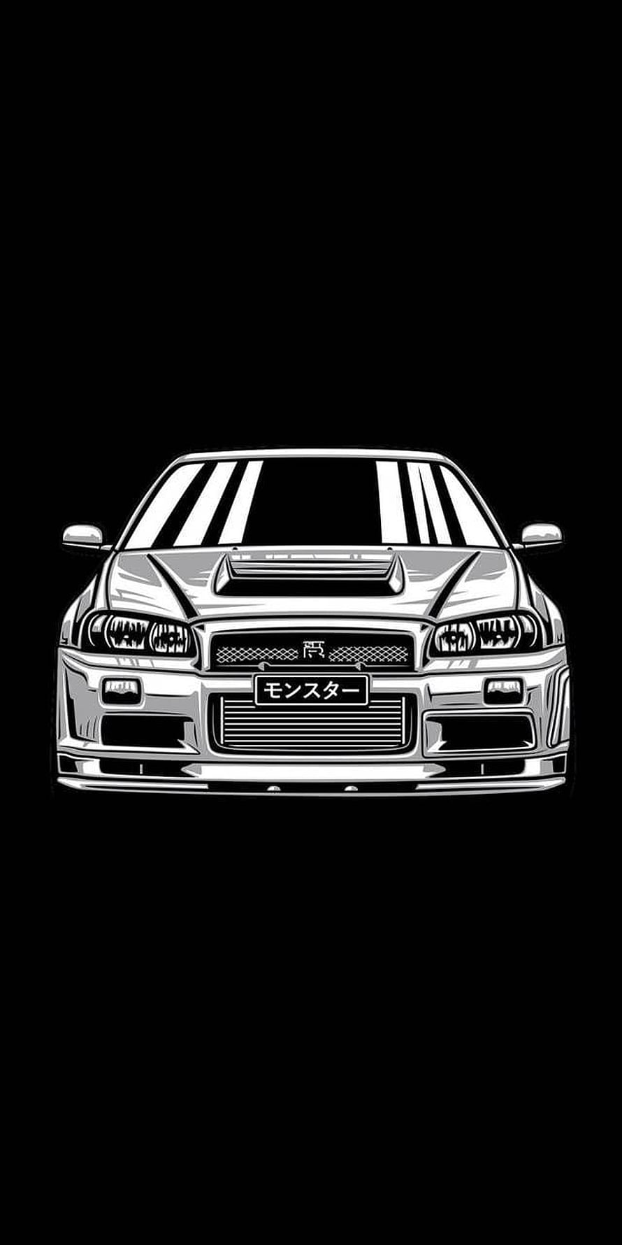 Nissan R34 GTR Front-View Black and White Line Art Illustration HD phone wallpaper