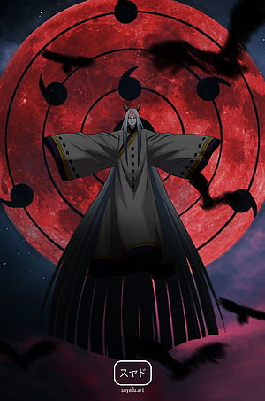 Kaguya Otsutsuki floating before the Infinite Tsukuyomi red moon with crows HD phone wallpaper