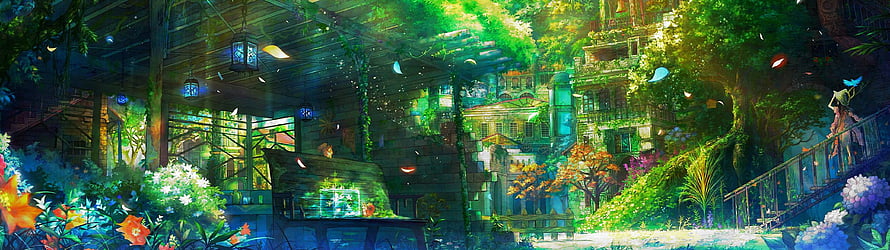 Enchanted Overgrown Village Scene With Lush Greenery And Magical Lanterns HD wallpaper