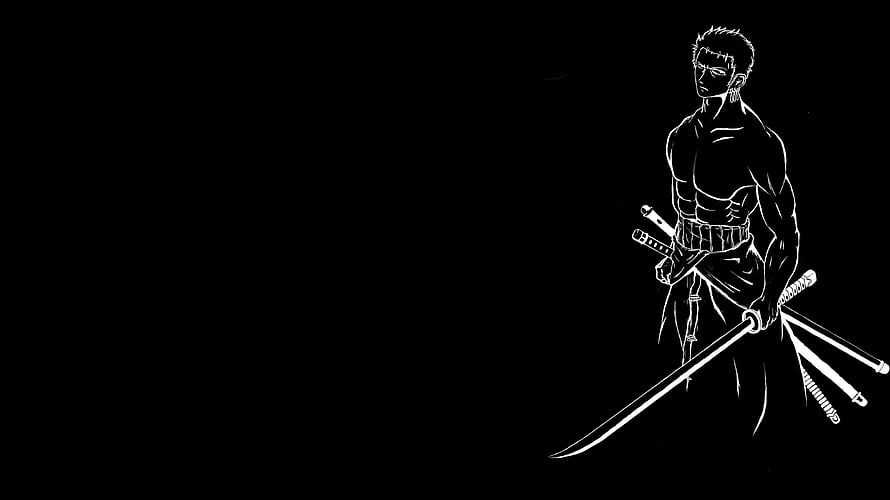 Roronoa Zoro One Piece Minimalist White Line Art on Black Background HD wallpaper
