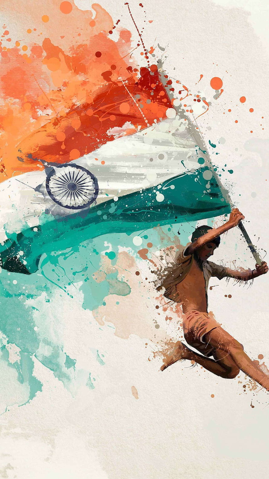 Patriotic Indian Flag Artwork with Boy Running and Watercolor Splashes HD phone wallpaper