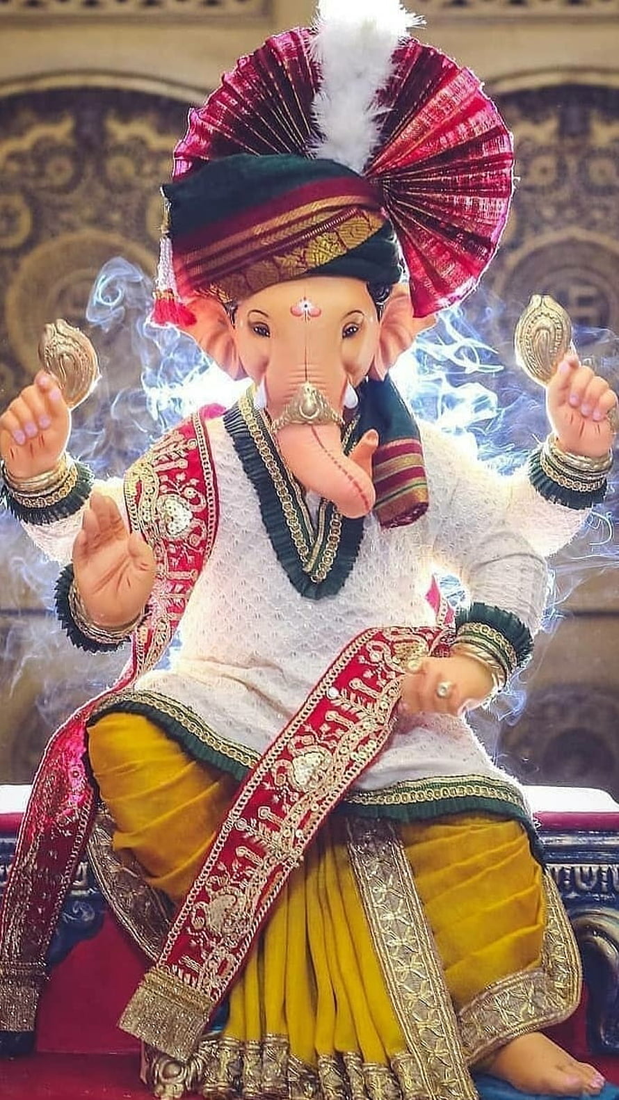 Ganesha Idol in Traditional Rajasthani Attire with Turban and Gold Jewelry HD phone wallpaper