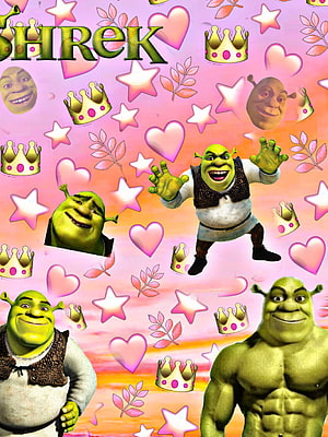 Shrek Aesthetic Wallpaper with Pink Hearts, Stars, and Crowns on a Dreamy Gradient Background HD phone wallpaper