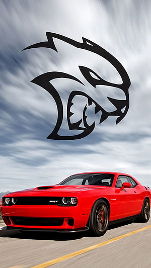 Red Dodge Challenger SRT Hellcat Muscle Car with Feline Logo on Open Road HD phone wallpaper