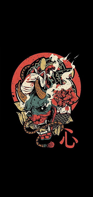 Japanese Oni Demon Mask with Peony and Smoke in Traditional Tattoo Style HD phone wallpaper