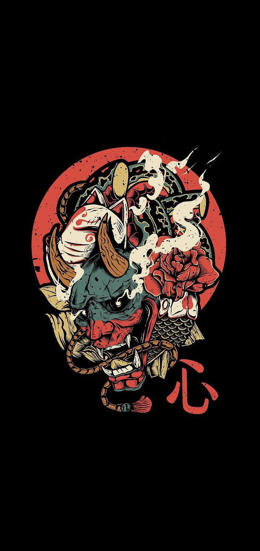 Japanese Oni Demon Mask with Peony and Smoke in Traditional Tattoo Style HD phone wallpaper