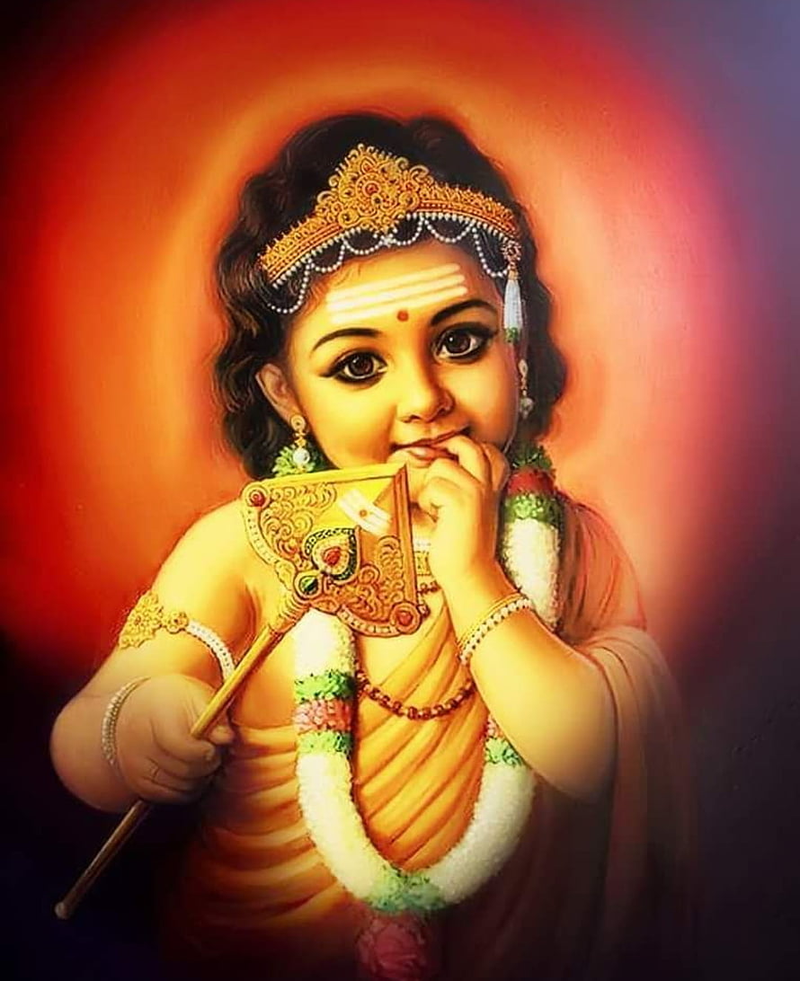Cute Baby Krishna Eating Sweet with Flute and Golden Crown HD phone wallpaper
