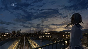 Anime Girl Gazing at Night Cityscape from Train Station Platform HD wallpaper