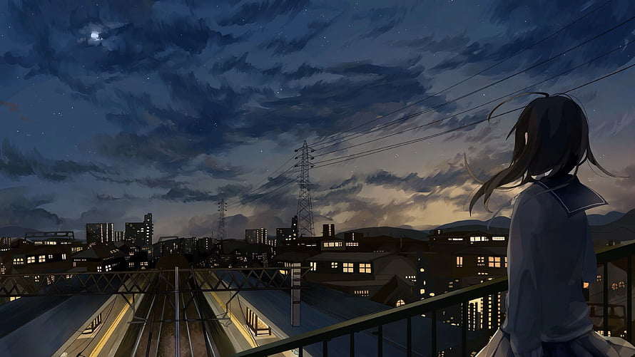 Anime Girl Gazing at Night Cityscape from Train Station Platform HD wallpaper