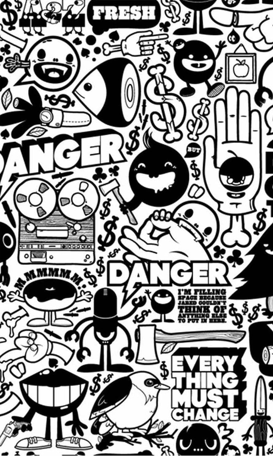 Black and White Sticker Bomb Illustration with Doodle Characters and Bold Typography HD phone wallpaper
