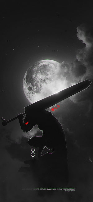 Berserk Guts Silhouette Holding Sword Against Full Moon and Dark Clouds HD phone wallpaper