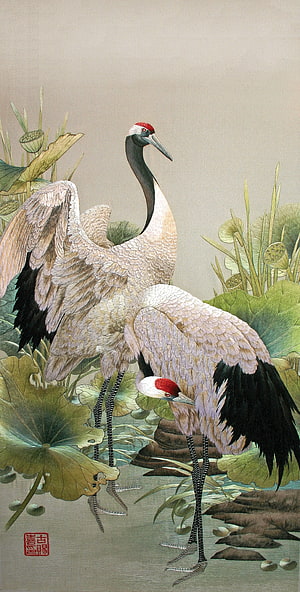 Traditional Japanese Painting of Two Red-Crowned Cranes in a Lotus Pond HD phone wallpaper