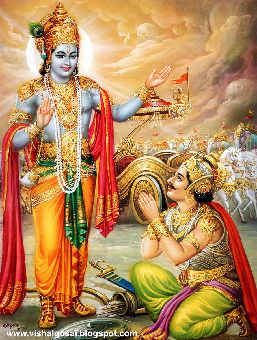 Krishna and Arjuna in the Chariot: Divine Counsel and Devotion in Traditional Indian Art HD phone wallpaper