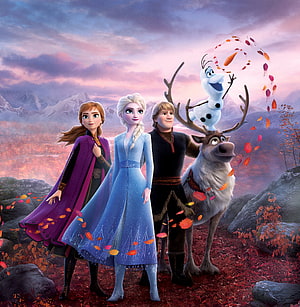 Anna, Elsa, Kristoff, Olaf, and Sven in an Autumn Forest from Frozen 2 HD phone wallpaper