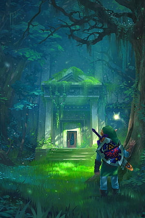 Link stands before a glowing ancient shrine in a mystical forest, The Legend of Zelda HD phone wallpaper