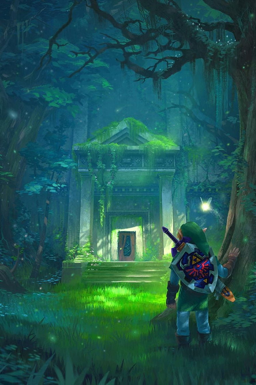 Link stands before a glowing ancient shrine in a mystical forest, The Legend of Zelda HD phone wallpaper