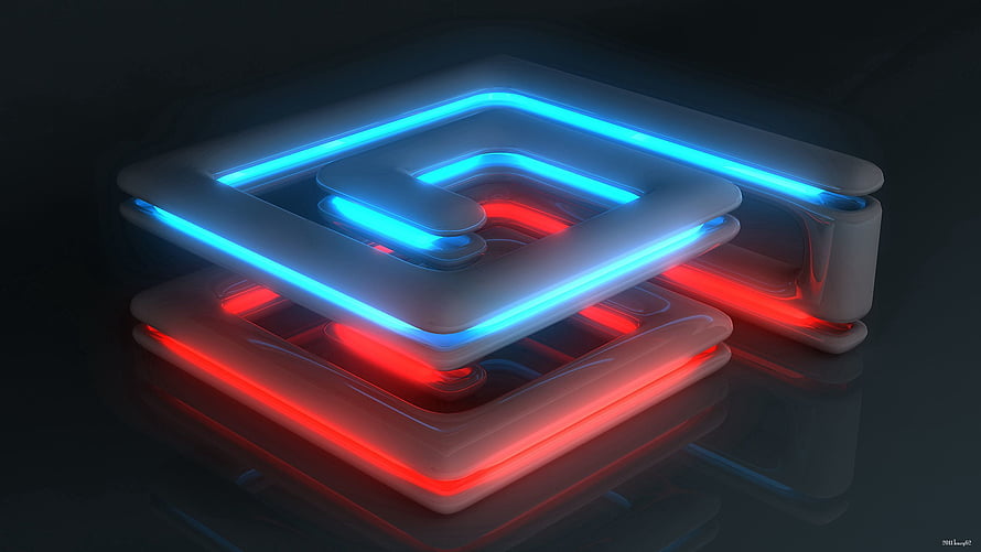 Glowing 3D Neon Square with Blue and Red Light Trails on Dark Surface HD wallpaper