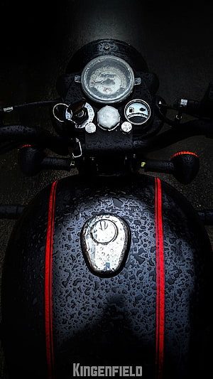 Royal Enfield Stealth Black Motorcycle Tank and Gauges with Rain Droplets HD phone wallpaper