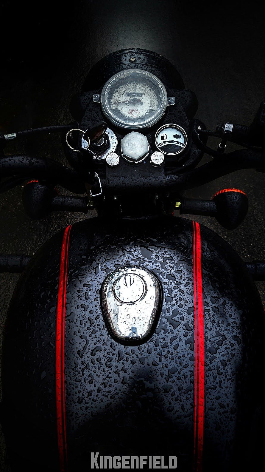 Royal Enfield Stealth Black Motorcycle Tank and Gauges with Rain Droplets HD phone wallpaper