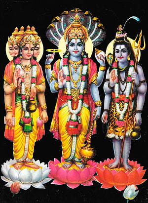 Brahma Vishnu Shiva Hindu Trinity Deities on Lotus Thrones HD phone wallpaper