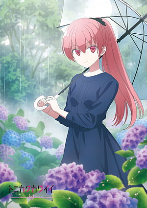 Tsukasa from Tonikaku Kawaii holding an umbrella in a rainy garden with hydrangeas HD phone wallpaper