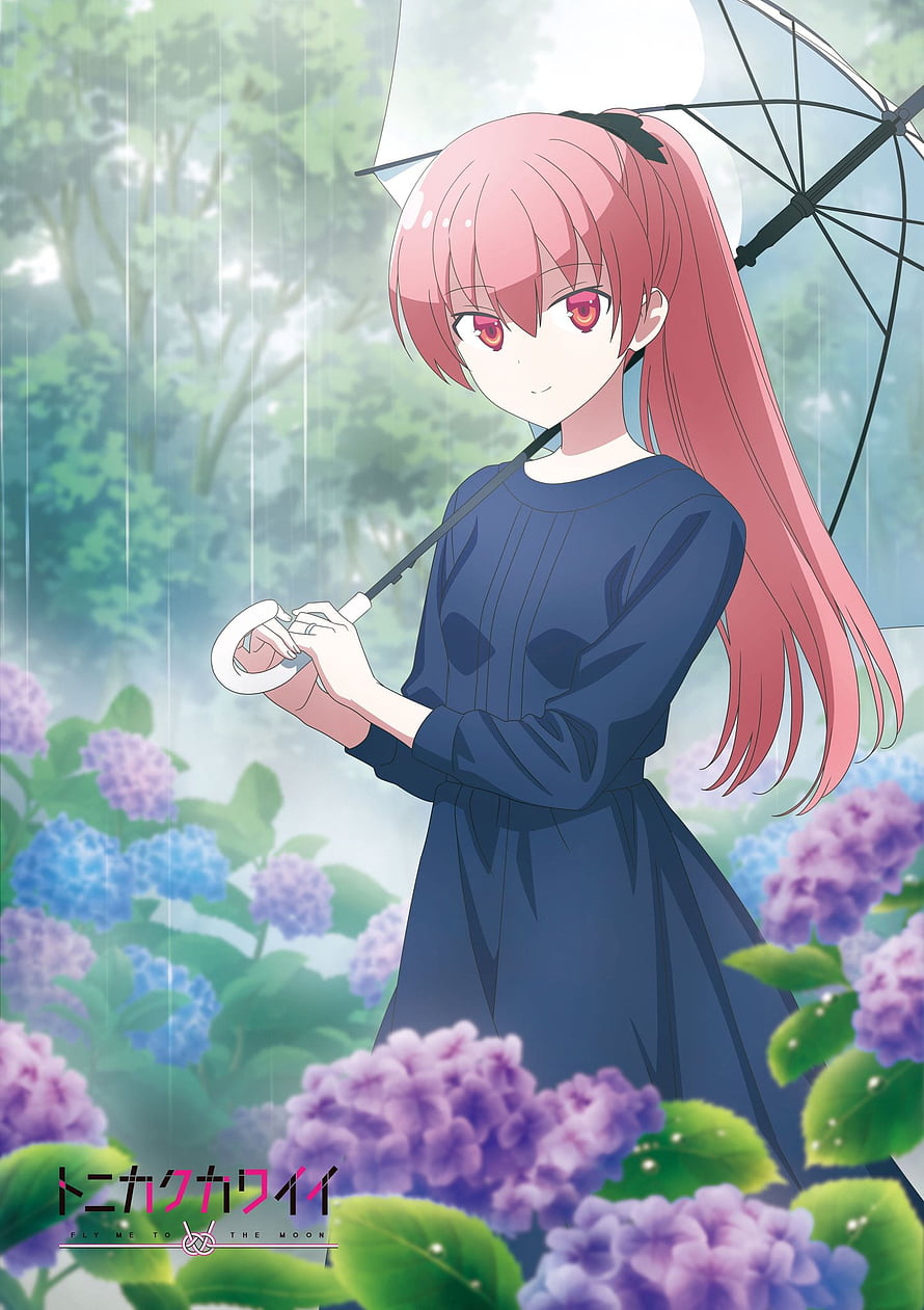 Tsukasa from Tonikaku Kawaii holding an umbrella in a rainy garden with hydrangeas HD phone wallpaper