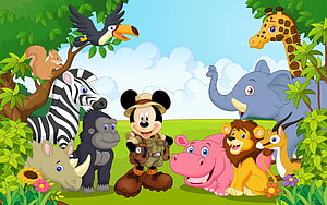 Mickey Mouse Jungle Safari Adventure With Cartoon Animals HD wallpaper