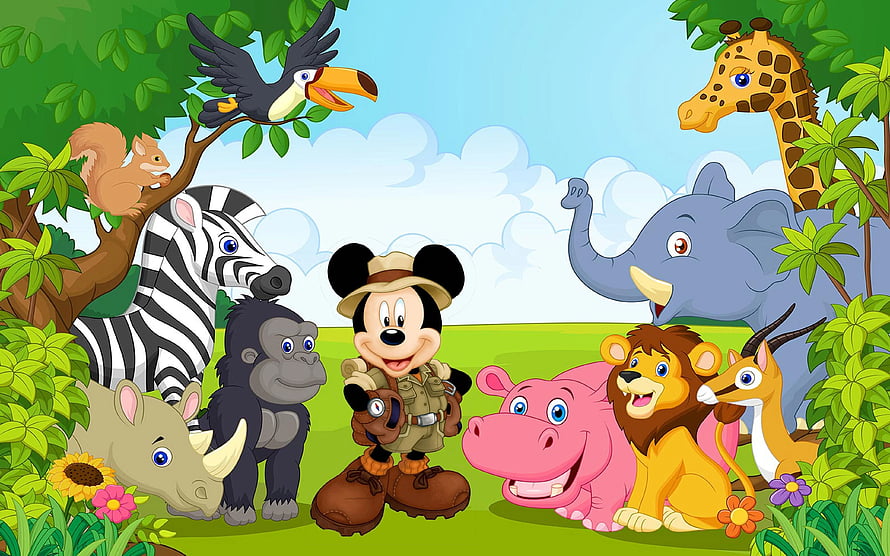 Mickey Mouse Jungle Safari Adventure With Cartoon Animals HD wallpaper