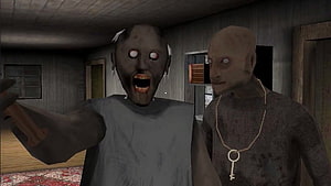 Granny Chapter Two Horror Game Screenshot Featuring Two Creepy Characters in a Dark Room HD wallpaper