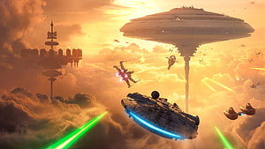 Star Wars Space Battle Above Clouds with Star Destroyer and X-Wing Fighters HD wallpaper