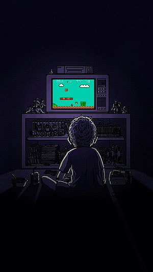 Nostalgic Boy Playing Retro Nintendo Console in Dark Room Illustration HD phone wallpaper