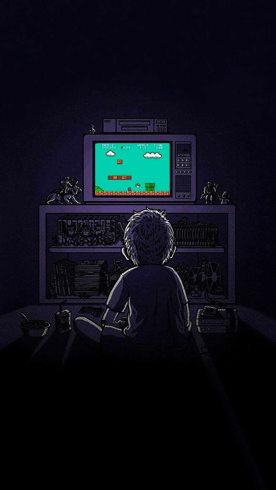 Nostalgic Boy Playing Retro Nintendo Console in Dark Room Illustration HD phone wallpaper