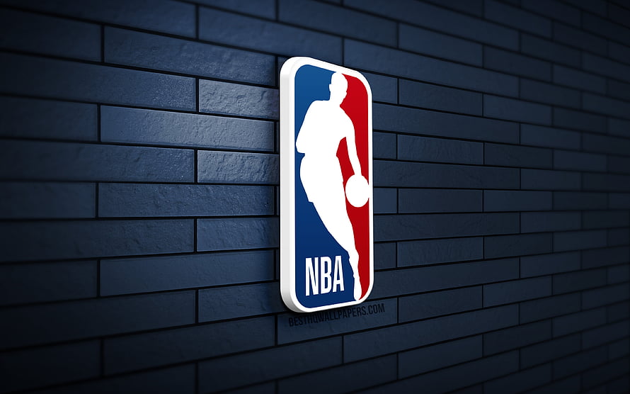 NBA Logo Mounted on Dark Blue Brick Wall with Dramatic Lighting and 3D Depth HD wallpaper