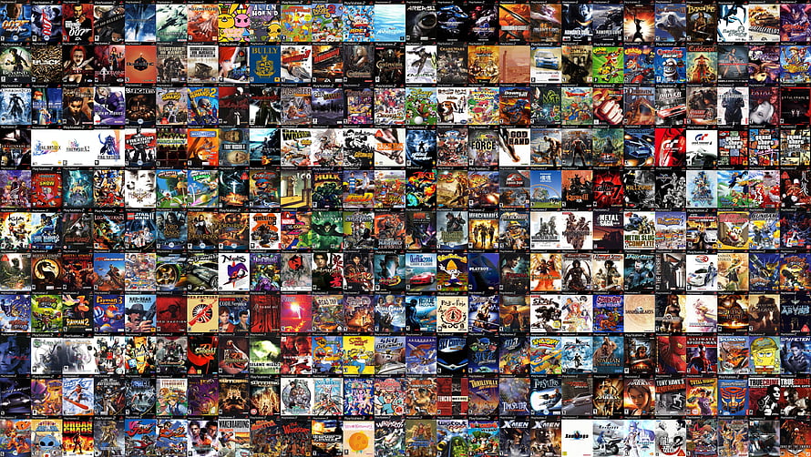 Massive Grid Collage Featuring Hundreds of PlayStation 2 Game Box Art Covers HD wallpaper