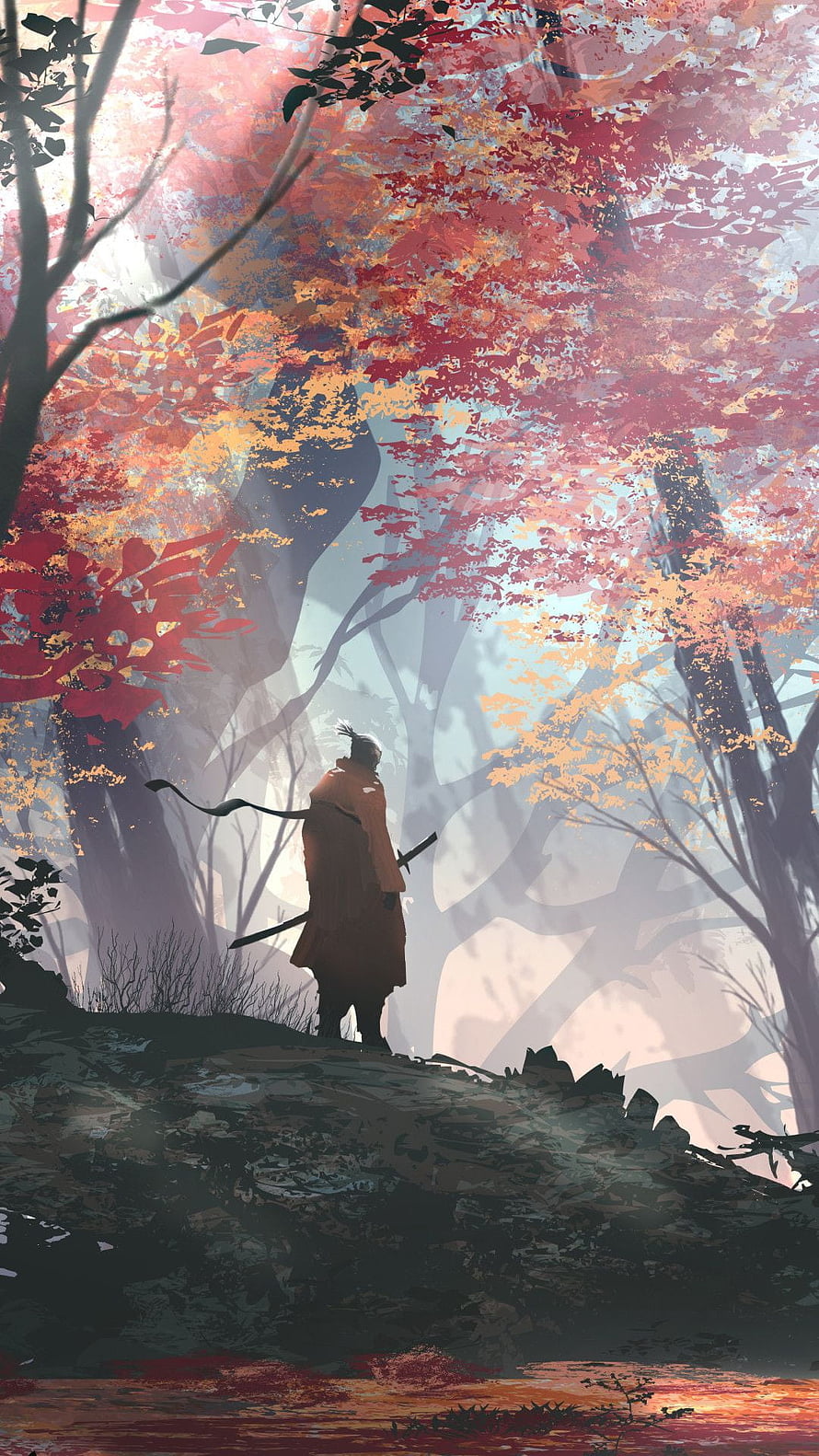 Sekiro Shadows Die Twice Samurai Standing in Autumn Forest with Katana HD phone wallpaper