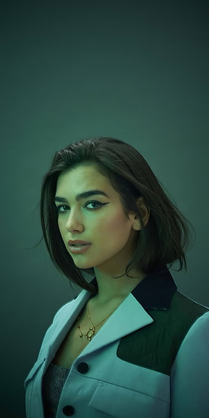 Dua Lipa Studio Portrait in Light Blue Blazer with Dark Green Background HD phone wallpaper