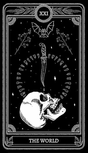 The World Tarot Card Illustration Featuring Skull, Dagger, and Bat in Gothic Style HD phone wallpaper