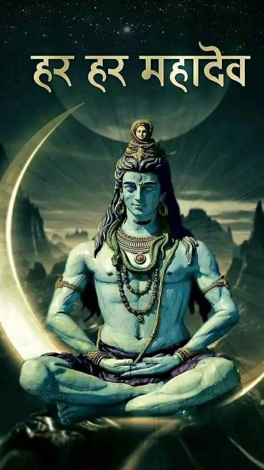 Lord Shiva Meditating in Lotus Pose with Crescent Moon and Cosmic Background HD phone wallpaper